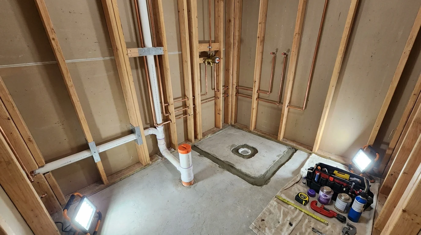 Bathroom rough-in plumbing during remodel by Johns Plumbing LLC in Sangerville