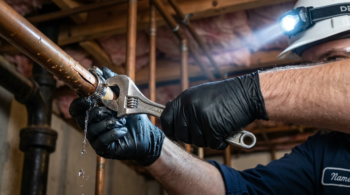 Emergency pipe clamp repair being performed by a Johns Plumbing LLC plumber in Sangerville