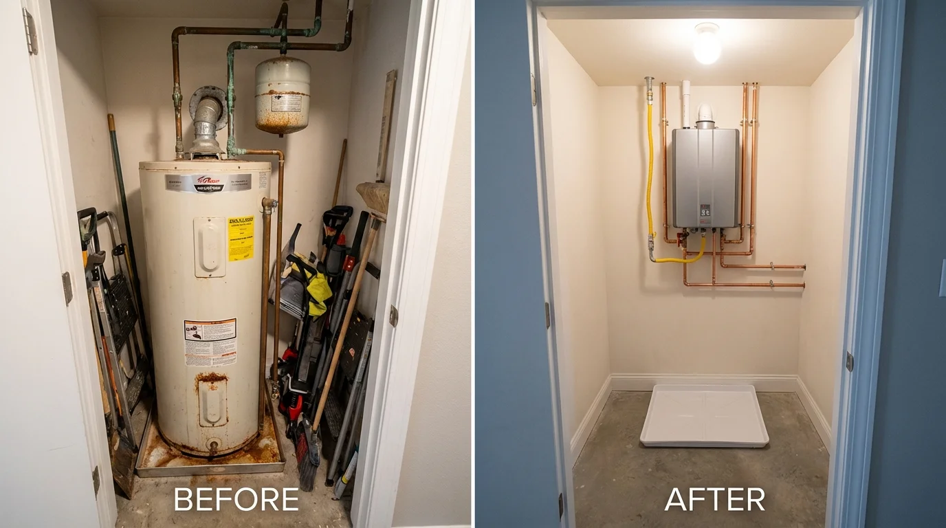 Tank water heater versus wall-mounted tankless unit comparison for Sangerville, ME homeowners