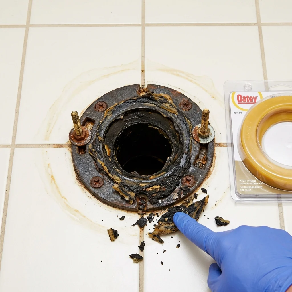 Failed wax ring showing water seepage at the base of a toilet in a Sangerville, ME home