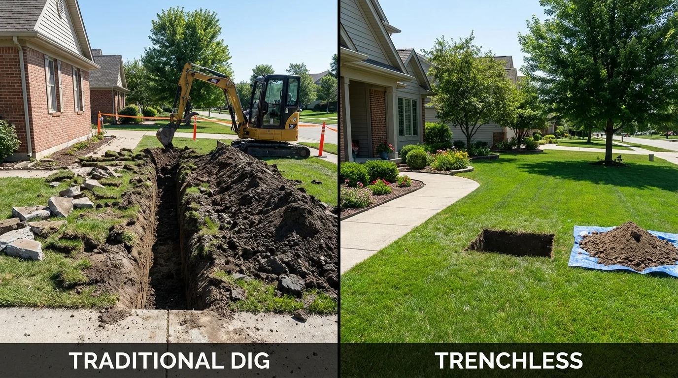 Trenchless sewer repair with minimal yard damage versus traditional excavation in Sangerville, ME