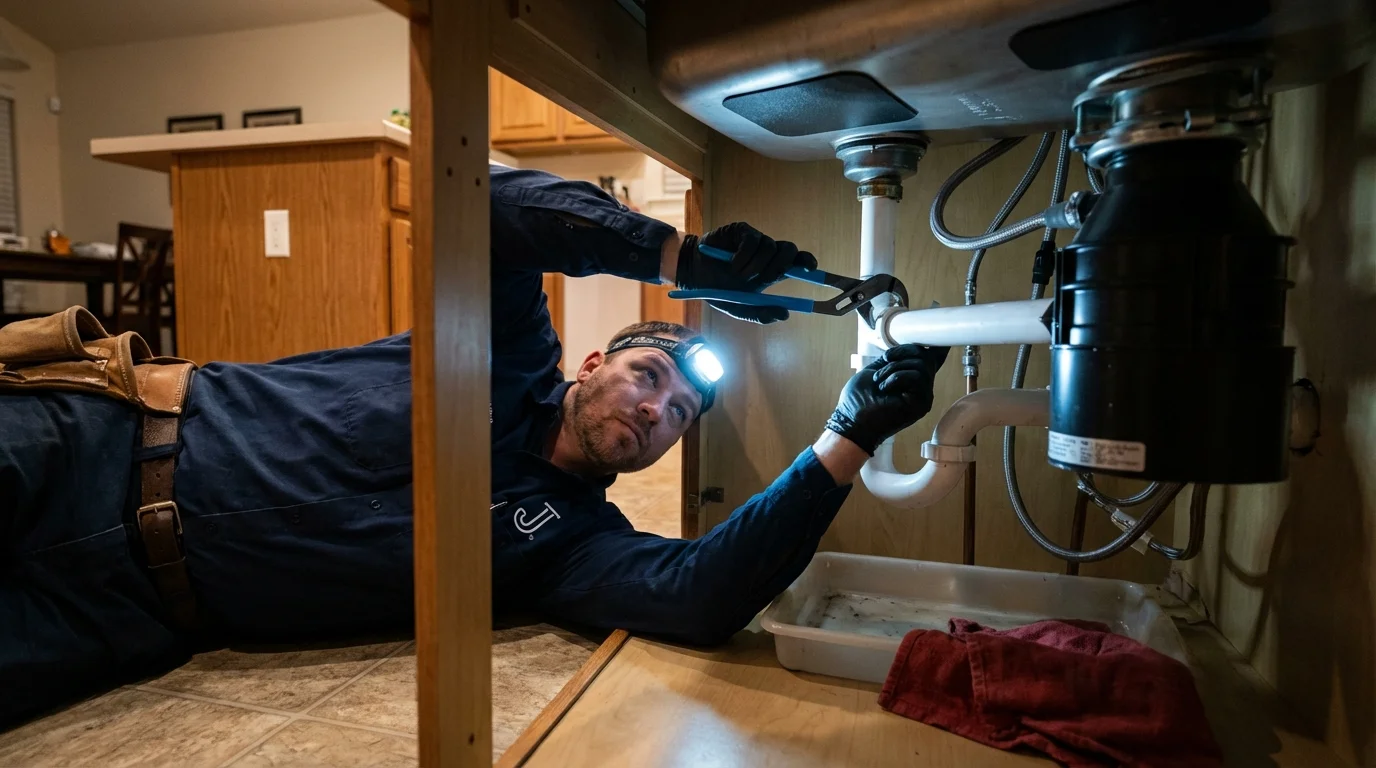 P-trap and supply line connections under a kitchen sink showing a common leak point in Sangerville, ME